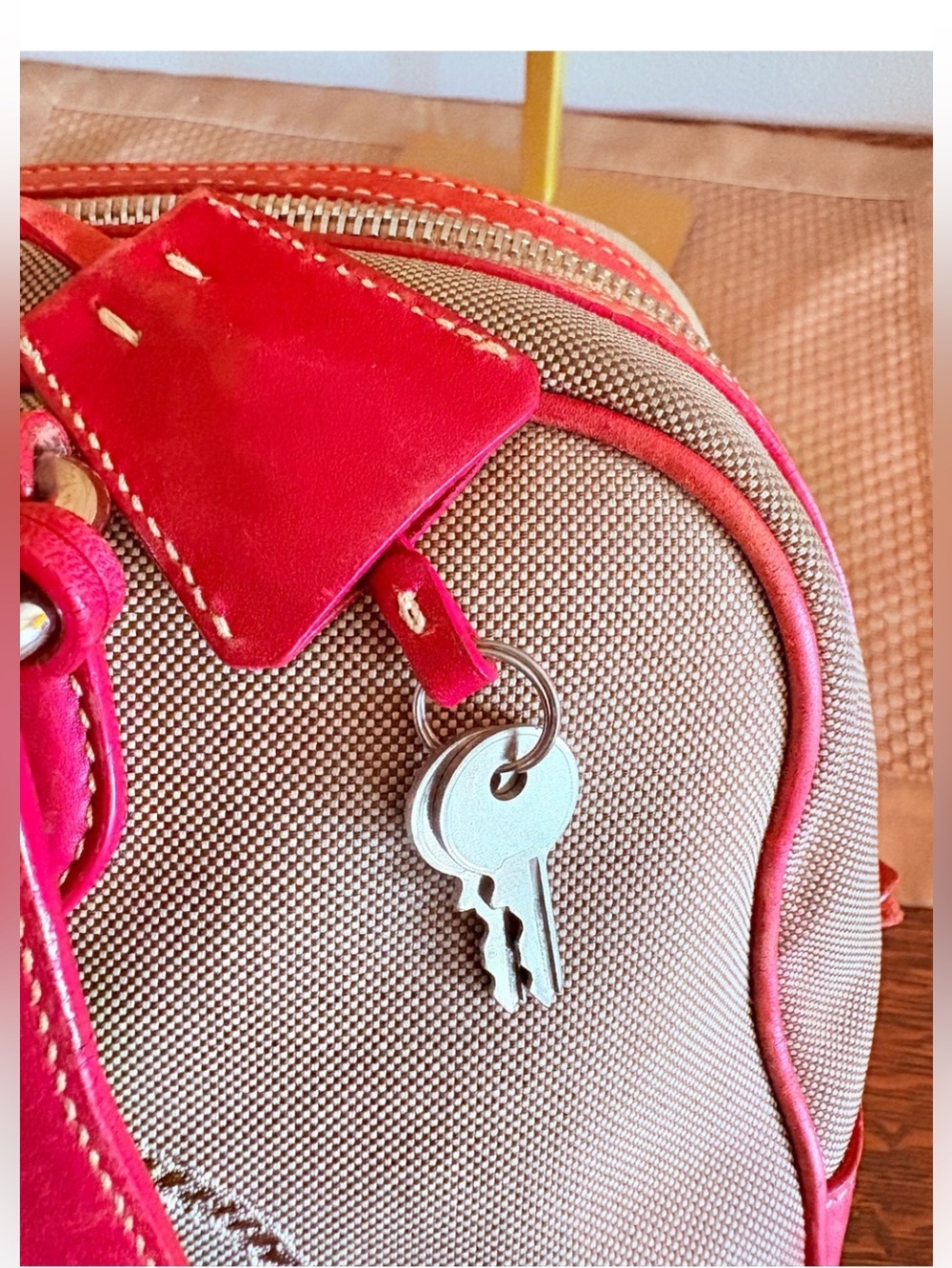 Prada Beige Canvas Shoulder Bag with Red Leather Trim COA - Picture 8 of 13